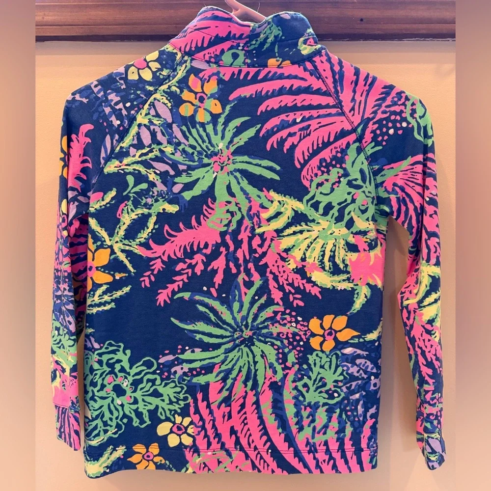 Girls 8-10 Lilly Pulitzer Neon Floral 1/2 Zip Pullover Navy, Pink, Green, Yellow - Picture 2 of 2